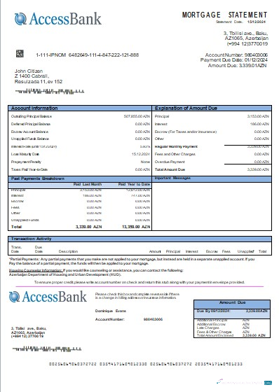 Download Azerbaijan Access Bank mortgage statement scr Photoshop template